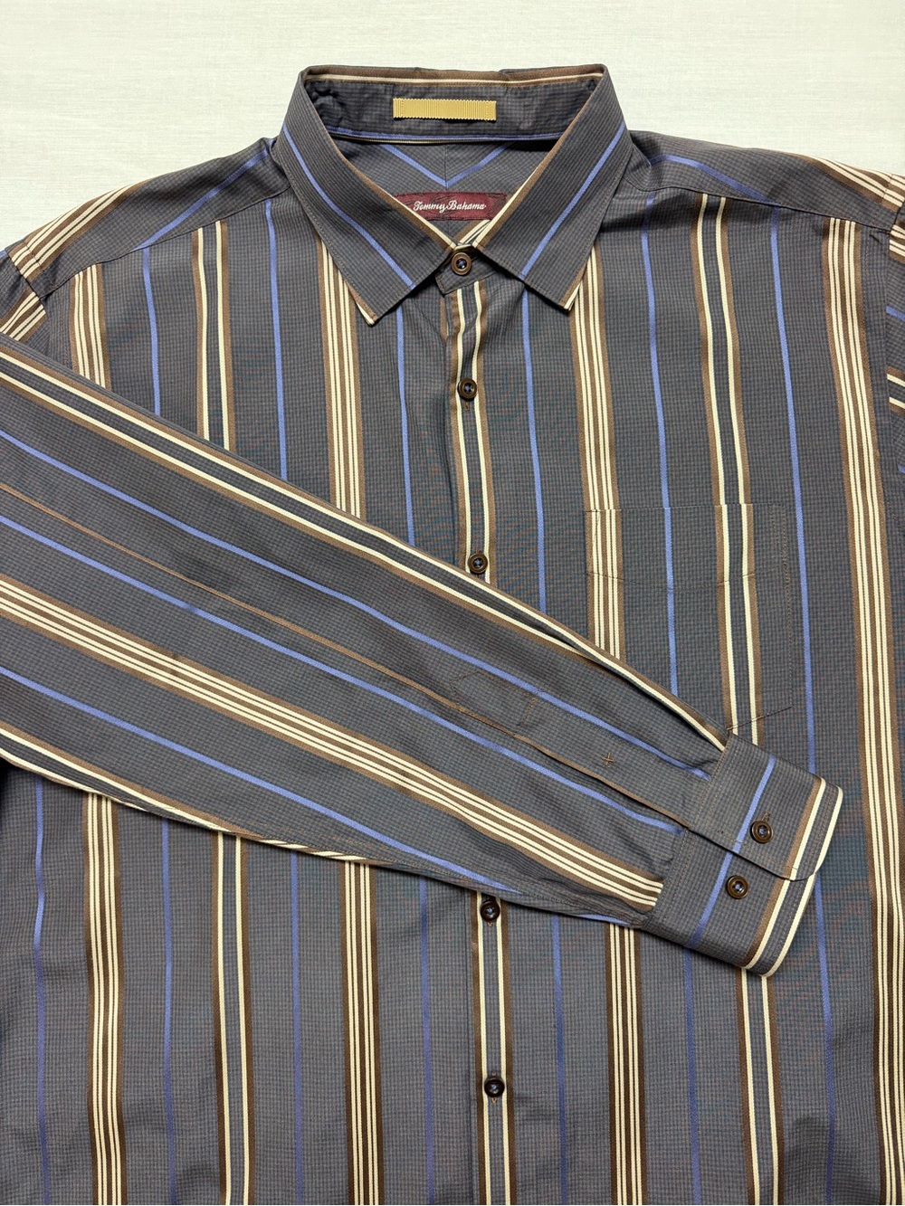 Tommy Bahama Blue Brown Stripe Button Down Long Sleeve Shirt Mens Large 100 Silk